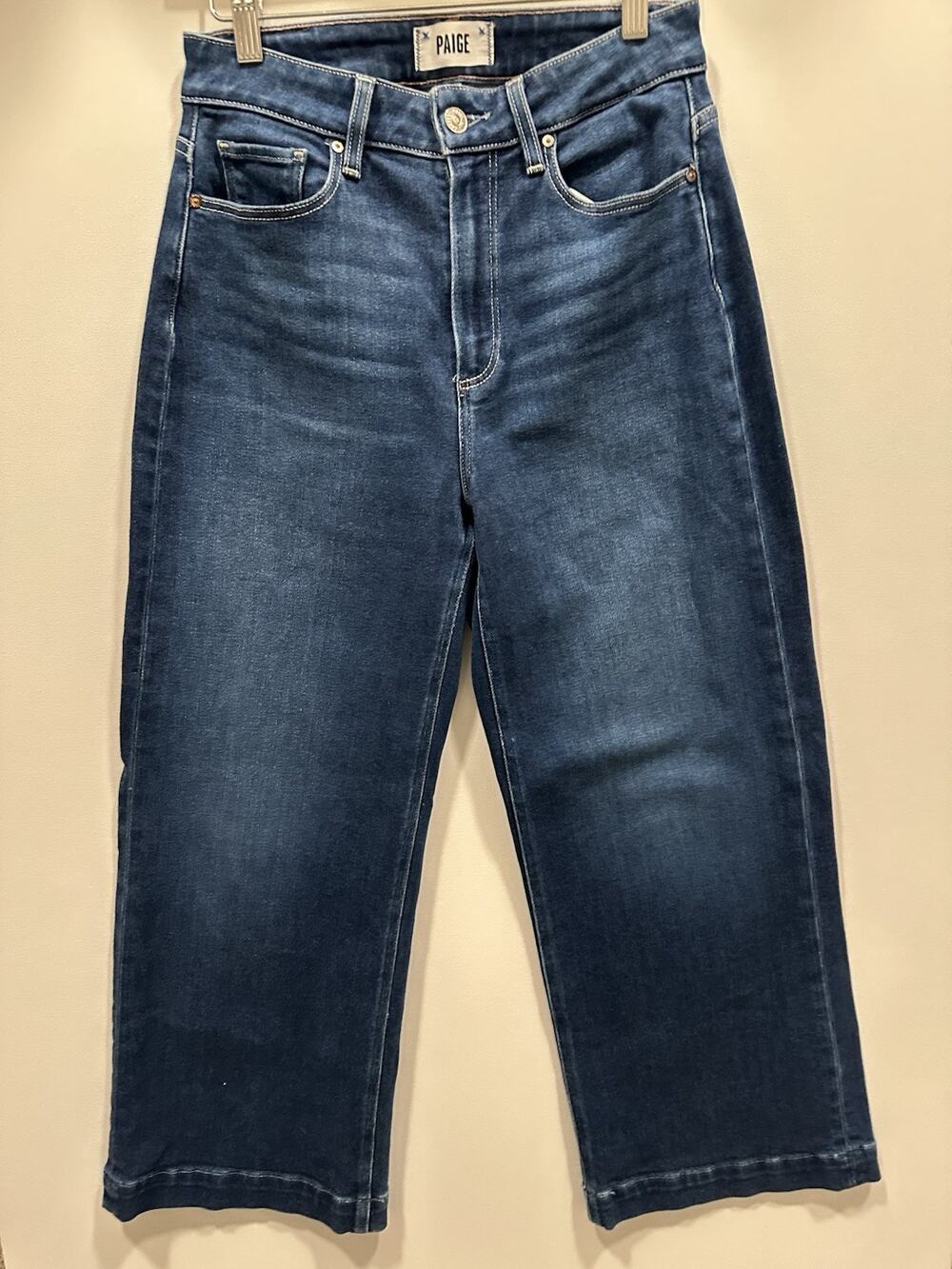 PAIGE Spotlight Women's 28 Jeans Dark Blue Denim Cropped Wide Leg High Rise